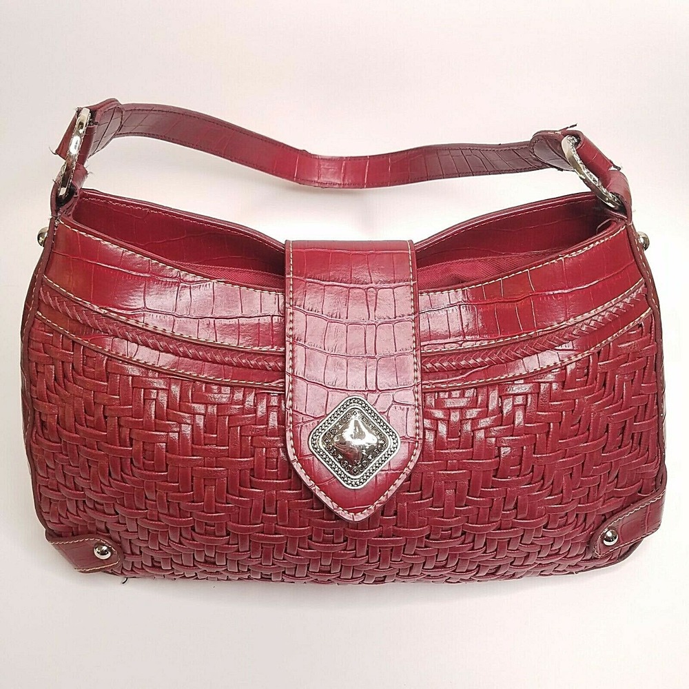 Coldwater Creek Handbag Purse Red Woven Croc Emboss Faux Leather Magnetic Snap